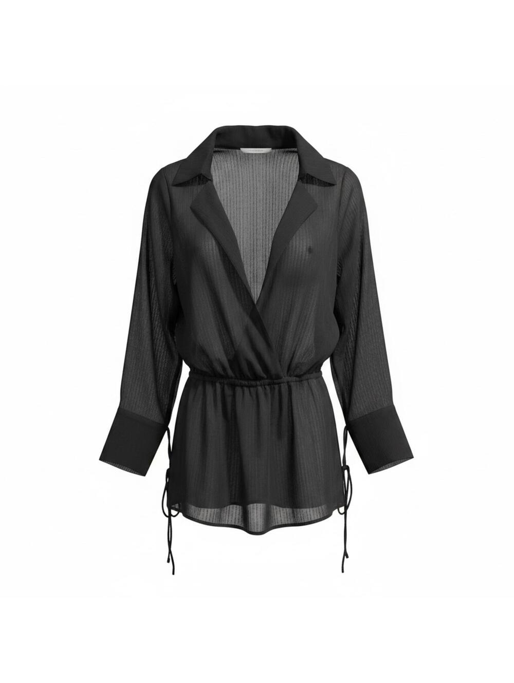 Princess Polly Black Sheer Long Sleeve Romper Wrap Neck Cover Up Beachwear